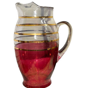 Vintage Glass Pitcher with Gold Stripes, Clear and Cranberry Red, Decorative